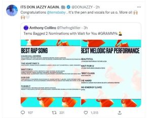 Don Jazzy congratulates Burna Boy and as they got Grammy Award nominations.
